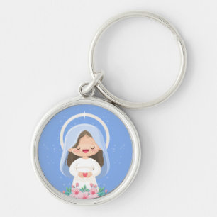 Bright Kawaii Virgin Mary Holding Heart – Light Bl Keychain