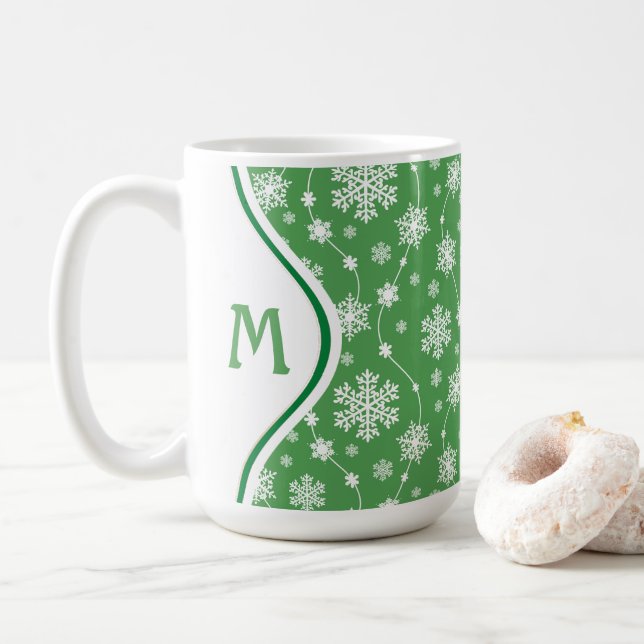 Bright Kelly Green Winter White Snowflake Pattern Coffee Mug (With Donut)