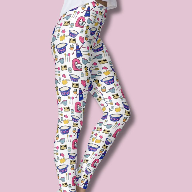 Bright Kitchen Utensils Chef Cake Baker Leggings (Kitchen utensil pattern leggings)