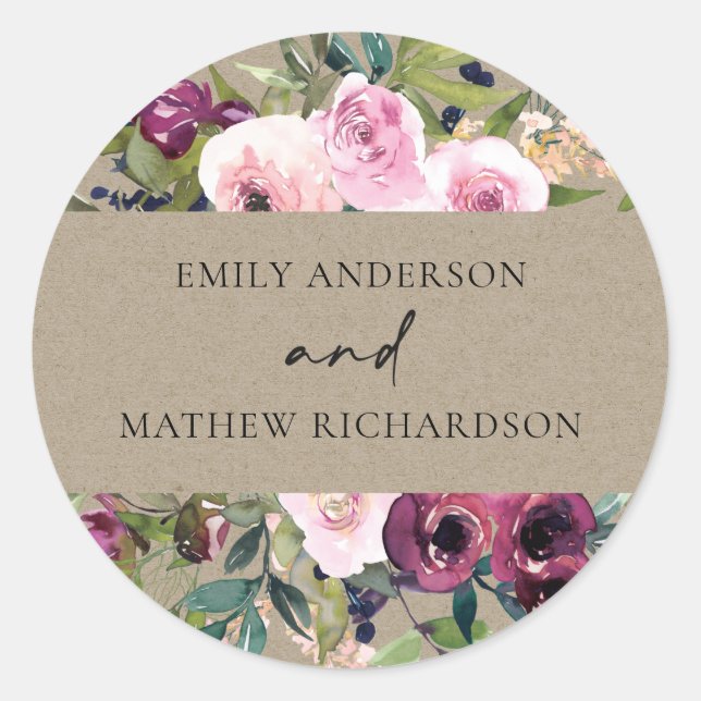 BRIGHT KRAFT BLUSH BURGUNDY FLORAL BUNCH WEDDING CLASSIC ROUND STICKER (Front)