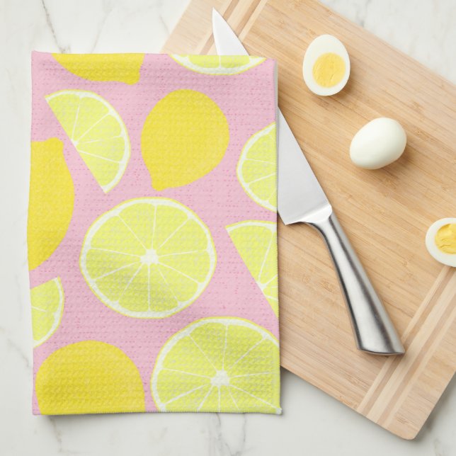 Bright Lemon Design on Soft Pink Background Kitchen Towel (Quarter Fold)