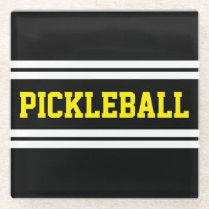 Bright Lemon PICKLEBALL Black White Racing Stripes Glass Coaster