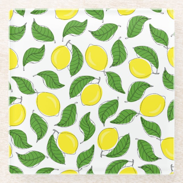 Bright Lemons Green Leaves Pattern Glass Coaster (Front)