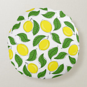 Bright Lemons Green Leaves Pattern Round Pillow