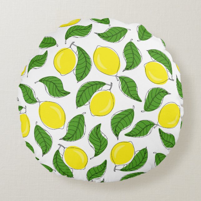 Bright Lemons Green Leaves Pattern Round Pillow (Front)