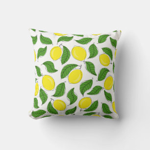 Bright Lemons Green Leaves Pattern Throw Pillow