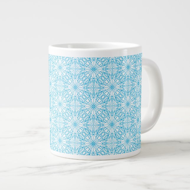 Bright Light Blue White Geometric Symmetry Pattern Large Coffee Mug (Front Right)