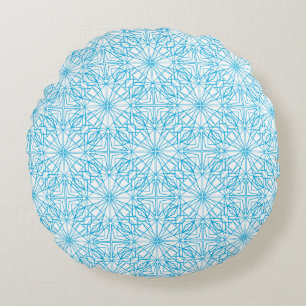 Bright Light Blue White Geometric Symmetry Pattern Round Pillow
