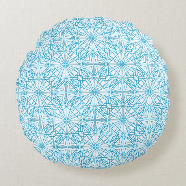 Bright Light Blue White Geometric Symmetry Pattern Round Pillow (Front)