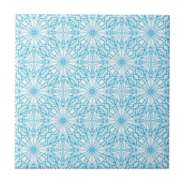 Bright Light Blue White Geometric Symmetry Pattern Tile (Front)
