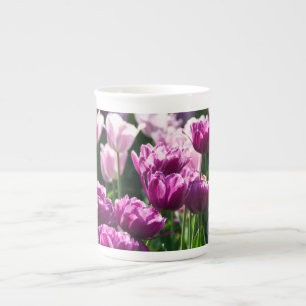 Bright lilac and pink tulips on a sunny day bone china mug