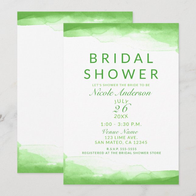 Bright Lime Green Watercolor Chic Bridal Shower Invitation (Front/Back)