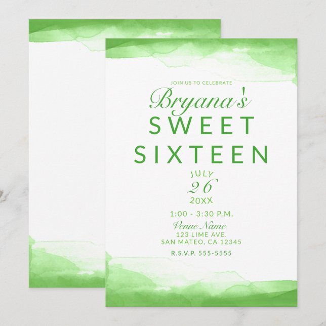Bright Lime Green Watercolor Chic Sweet 16 Party Invitation (Front/Back)