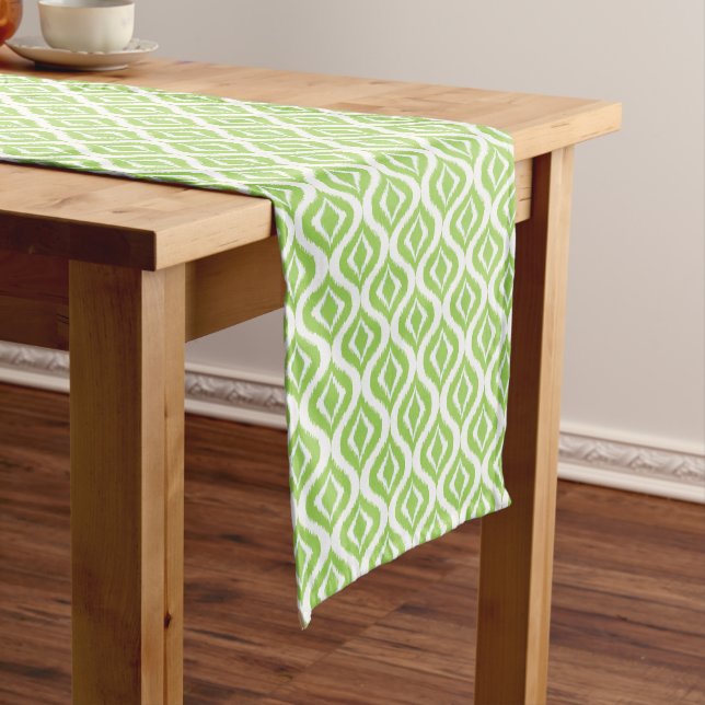 Bright Lime Green White Ikat Ogee Art Pattern Medium Table Runner (In Situ)