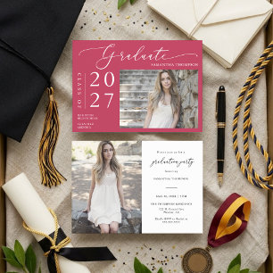 Bright Magenta Minimalist School Graduation Photo Invitation