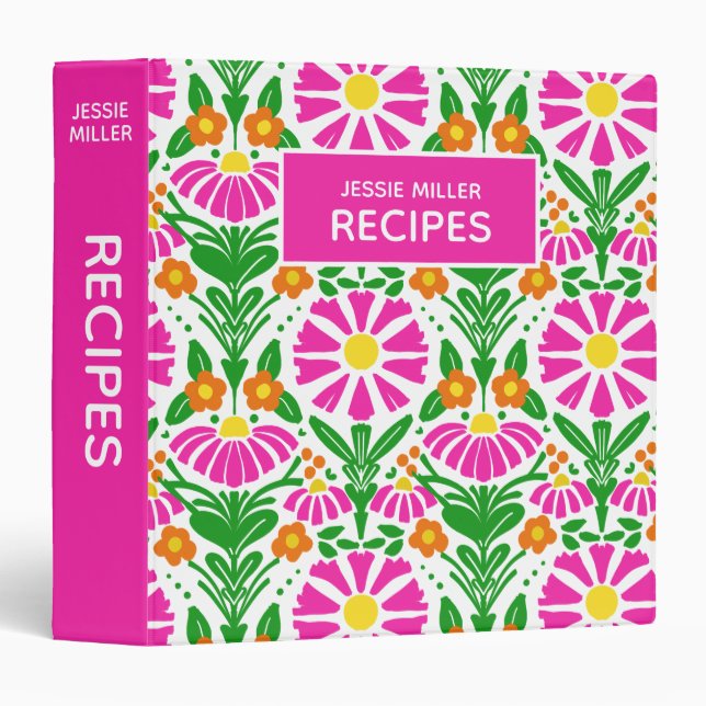 Bright Magenta Orange Green Floral Pattern Custom Binder (Front/Spine)