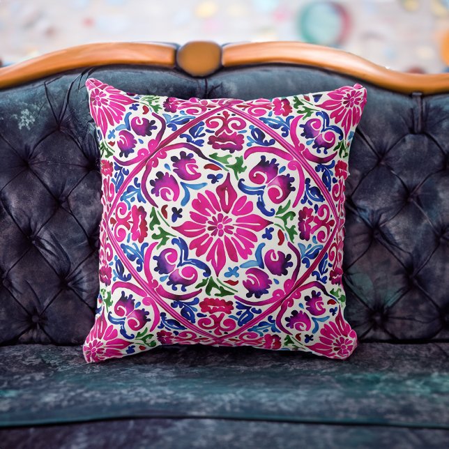 Bright magenta pink blue Mexican tiles pattern Throw Pillow (Bright magenta pink blue Mexican tiles pattern Throw Pillow)