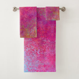 Bright Magenta Sunset Abstract Acrylic Pour Bath Towel Set