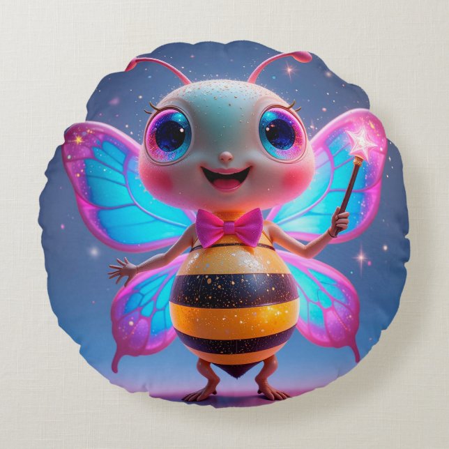 Bright Magical Bee Character With Sparkling Wings Round Pillow (Front)