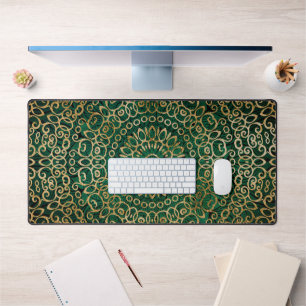 Bright Mandala Art Zen Boho Green And Gold Design Desk Mat
