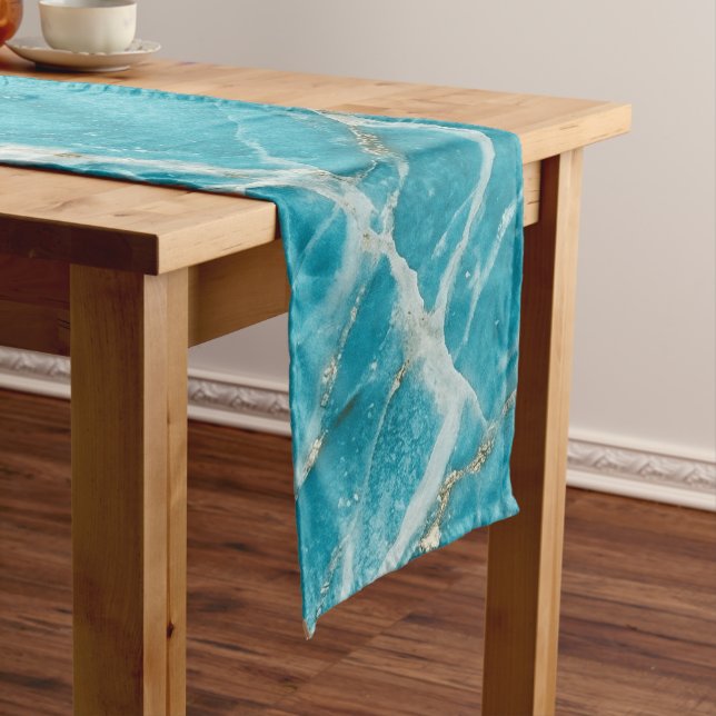 Bright Marble Aqua Elegant Refined Look Short Table Runner (In Situ)