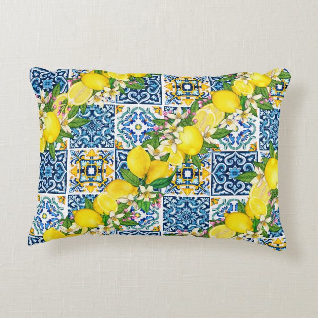 Bright Mediterranean Sicilian Tiles Citrus Lemons Accent Pillow (Back)