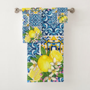 Bright Mediterranean Sicilian Tiles Citrus Lemons Bath Towel Set
