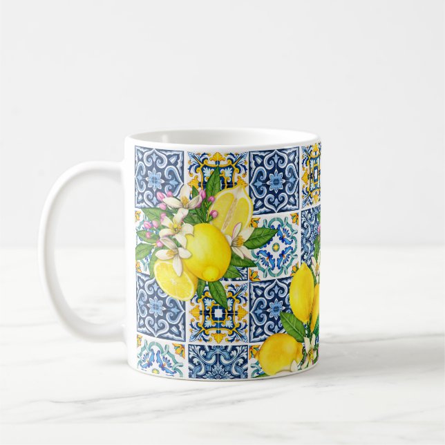 Bright Mediterranean Sicilian Tiles Citrus Lemons  Coffee Mug (Left)