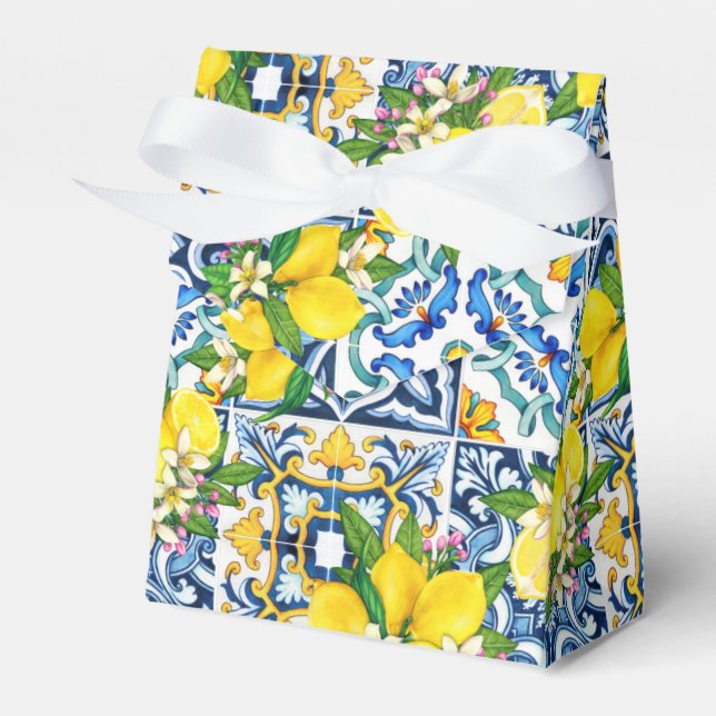 Bright Mediterranean Sicilian Tiles Citrus Lemons Favor Box (Front Side)