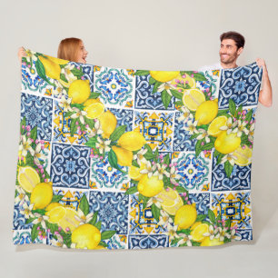 Bright Mediterranean Sicilian Tiles Citrus Lemons Fleece Blanket