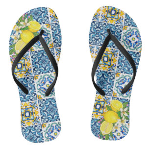 Bright Mediterranean Sicilian Tiles Citrus Lemons Flip Flops