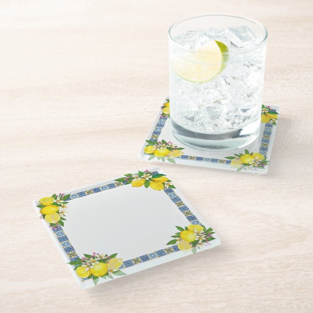 Bright Mediterranean Sicilian Tiles Citrus Lemons  Glass Coaster (Angled)