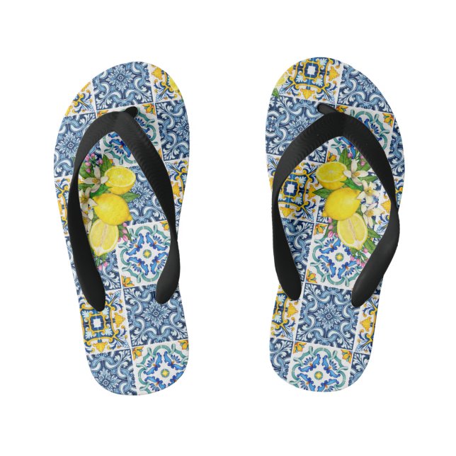 Bright Mediterranean Sicilian Tiles Citrus Lemons Kid's Flip Flops (Footbed)