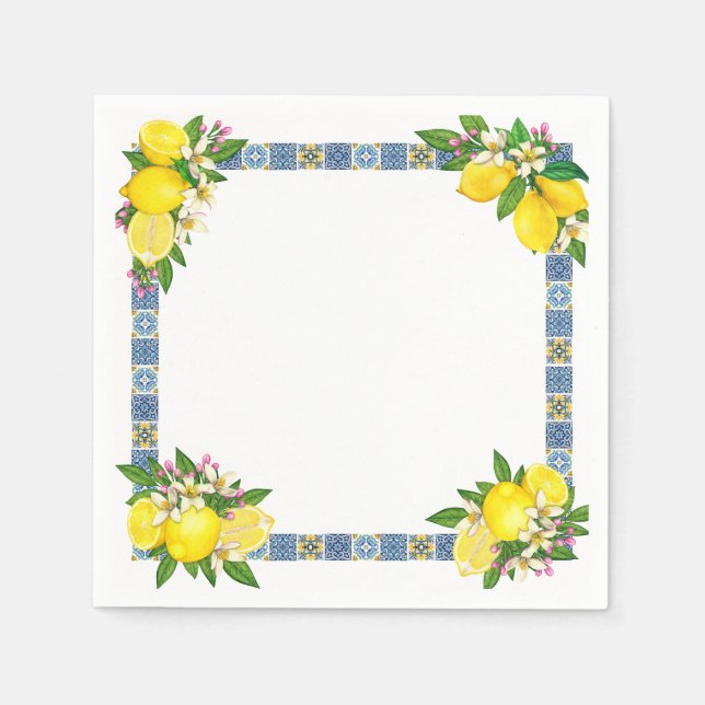 Bright Mediterranean Sicilian Tiles Citrus Lemons Napkin (Front)