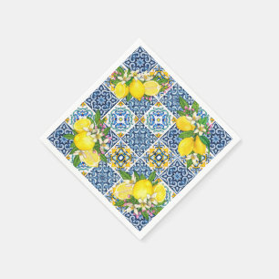 Bright Mediterranean Sicilian Tiles Citrus Lemons  Napkin