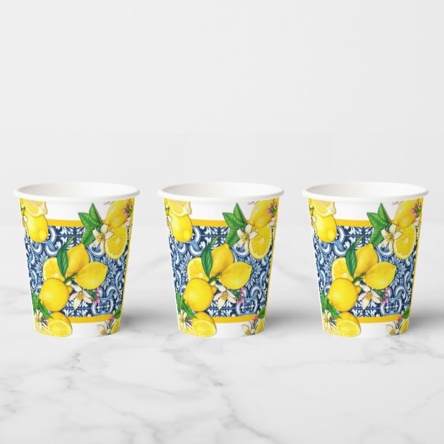 Bright Mediterranean Sicilian Tiles Citrus Lemons Paper Cups (Multi)