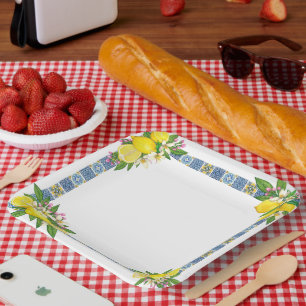Bright Mediterranean Sicilian Tiles Citrus Lemons Paper Plate