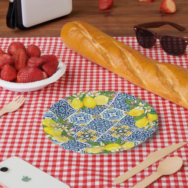 Bright Mediterranean Sicilian Tiles Citrus Lemons Paper Plate (Picnic)