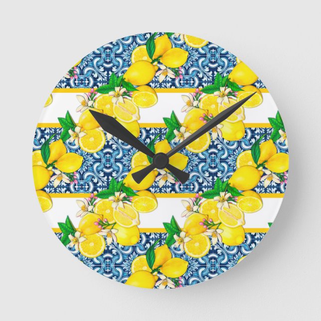 Bright Mediterranean Sicilian Tiles Citrus Lemons Round Clock (Front)