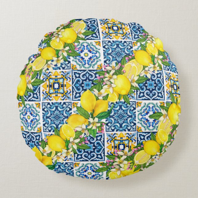 Bright Mediterranean Sicilian Tiles Citrus Lemons Round Pillow (Front)