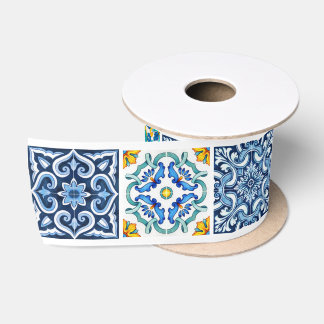 Bright Mediterranean Sicilian Tiles Citrus Lemons Satin Ribbon