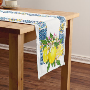 Bright Mediterranean Sicilian Tiles Citrus Lemons Short Table Runner