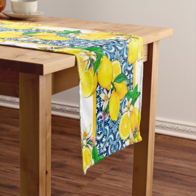 Bright Mediterranean Sicilian Tiles Citrus Lemons Short Table Runner (In Situ)