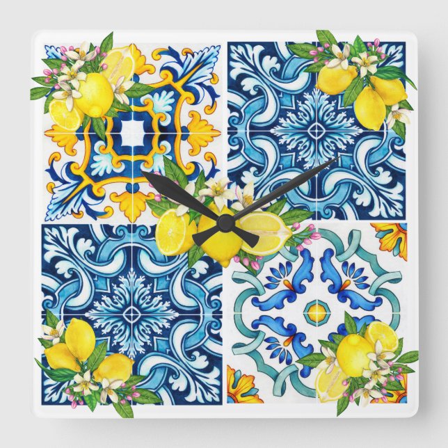 Bright Mediterranean Sicilian Tiles Citrus Lemons Square Wall Clock (Front)