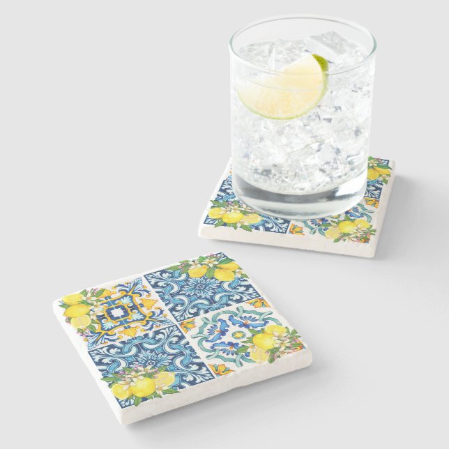 Bright Mediterranean Sicilian Tiles Citrus Lemons  Stone Coaster (Side)
