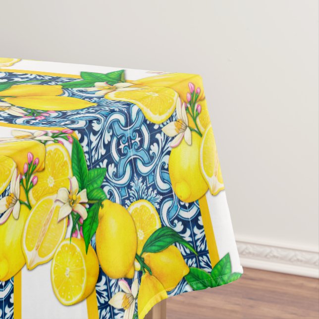 Bright Mediterranean Sicilian Tiles Citrus Lemons Tablecloth (In Situ)