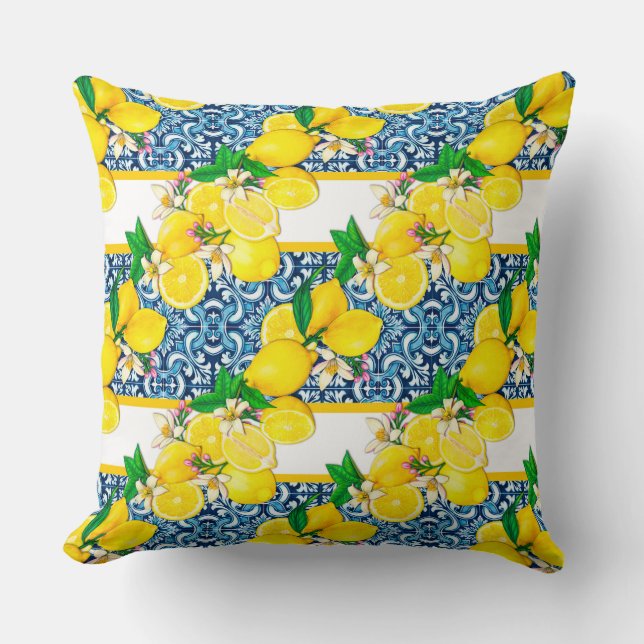 Bright Mediterranean Sicilian Tiles Citrus Lemons Throw Pillow (Front)