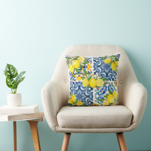 Bright Mediterranean Sicilian Tiles Citrus Lemons Throw Pillow