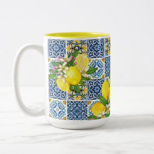 Bright Mediterranean Sicilian Tiles Citrus Lemons  Two-Tone Coffee Mug