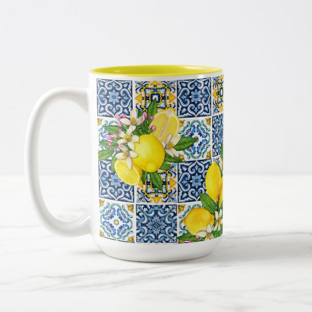 Bright Mediterranean Sicilian Tiles Citrus Lemons  Two-Tone Coffee Mug (Left)